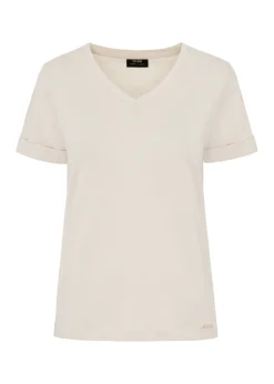 Beżowy T-shirt damski w serek