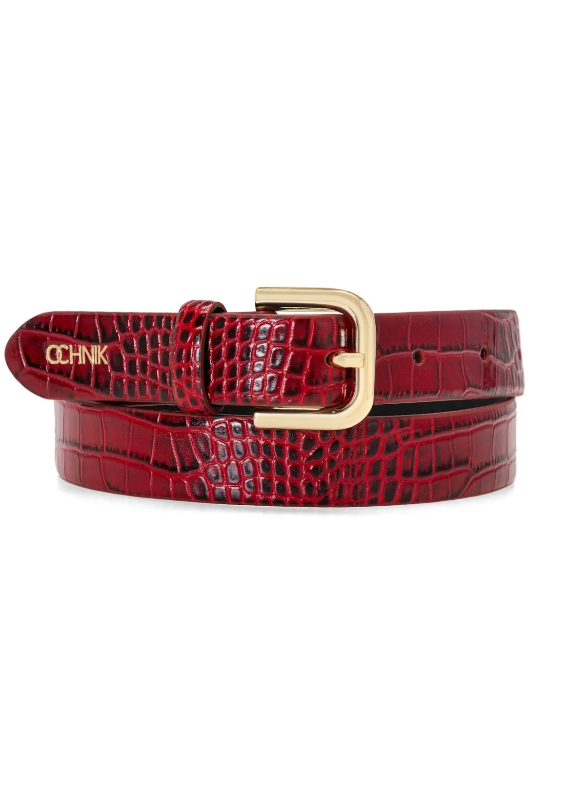 Bordowy skórzany wąski pasek damski