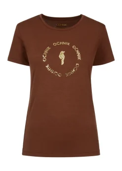 Brązowy T-shirt damski z aplikacją