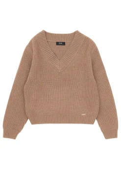 Camelowy sweter dekolt V damski