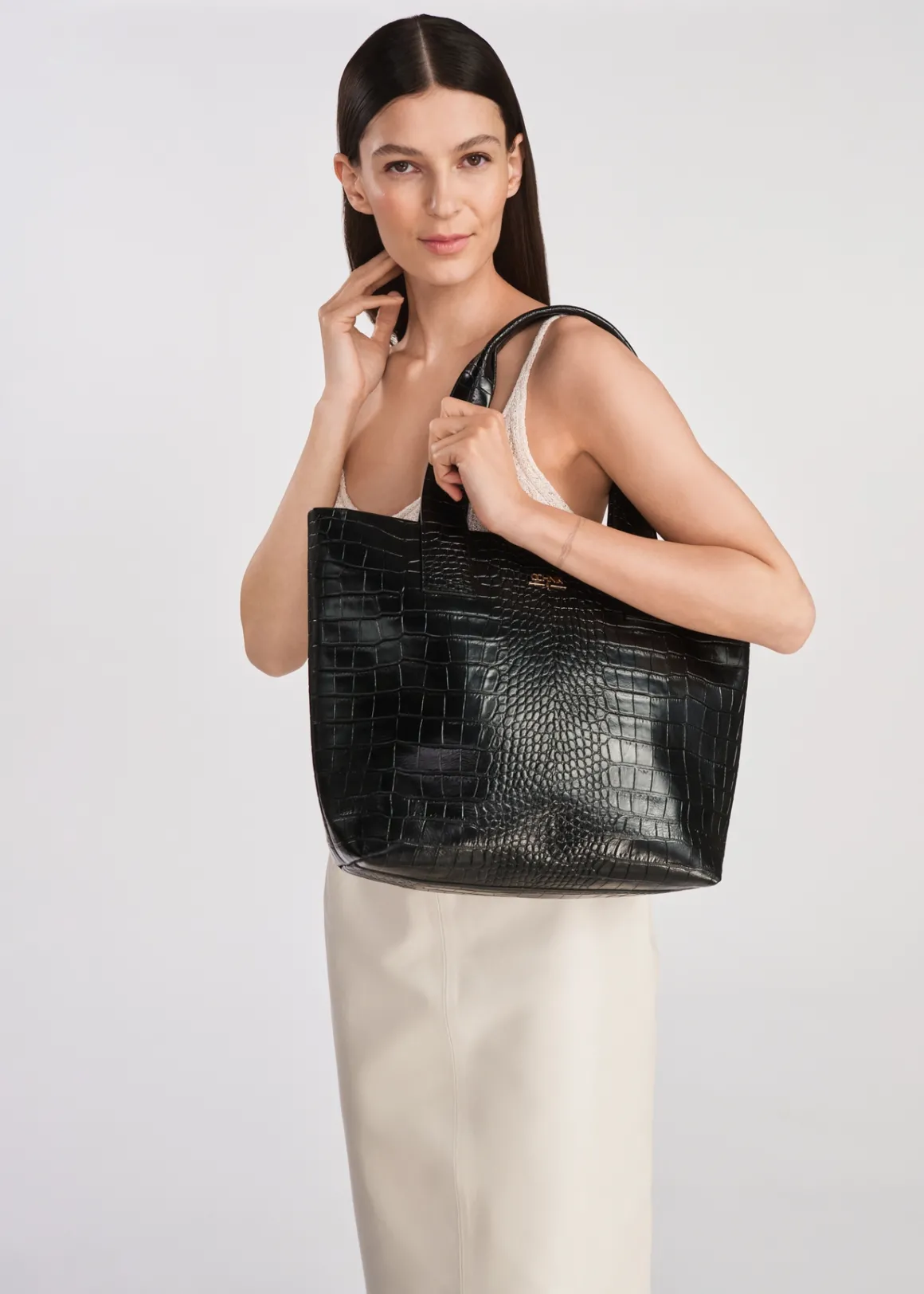 Czarna skórzana torebka shopper croco