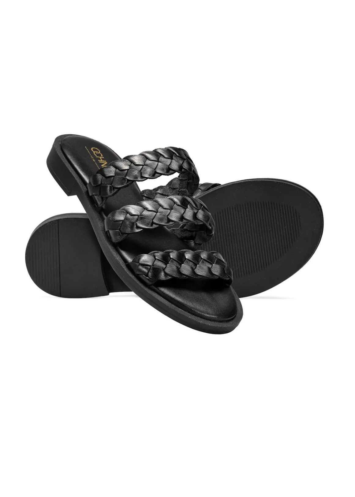 Czarne klapki damskie z plecionymi paskami