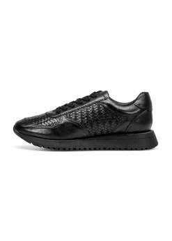 Czarne skórzane buty sportowe z plecionką