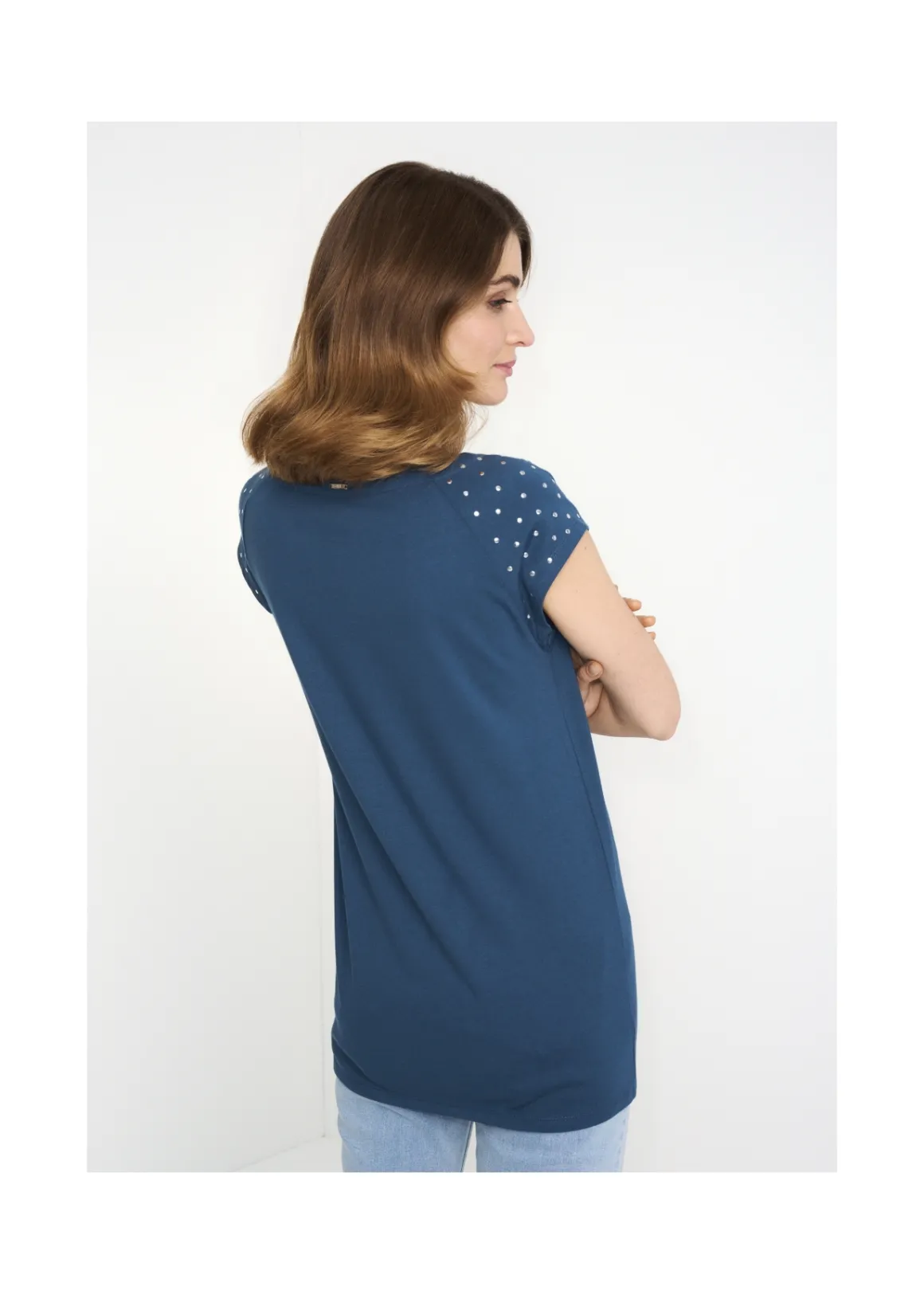 Granatowy T-shirt damski z aplikacją