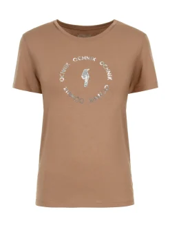 Kamelowy T-shirt damski z aplikacją