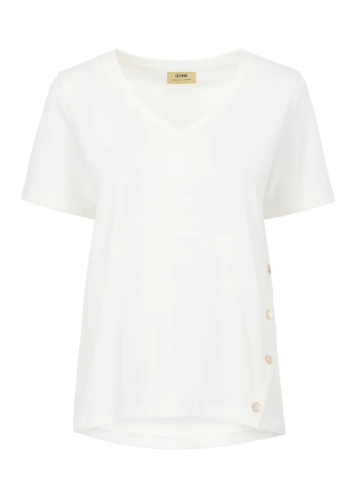 Kremowy T-shirt damski z rozcięciem