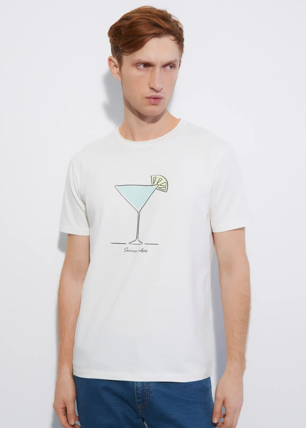 Kremowy T-shirt męski z printem