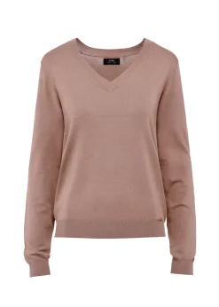 Sweter damski z dekoltem V-neck w kolorze camelu